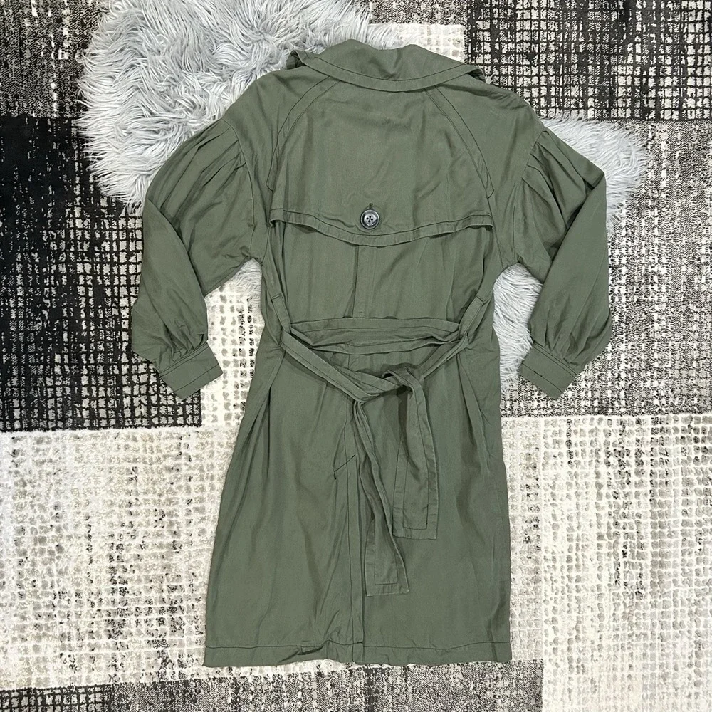 Free People Trench Coat Balloon Sleeve Double Breasted Belted Army Green Size S*